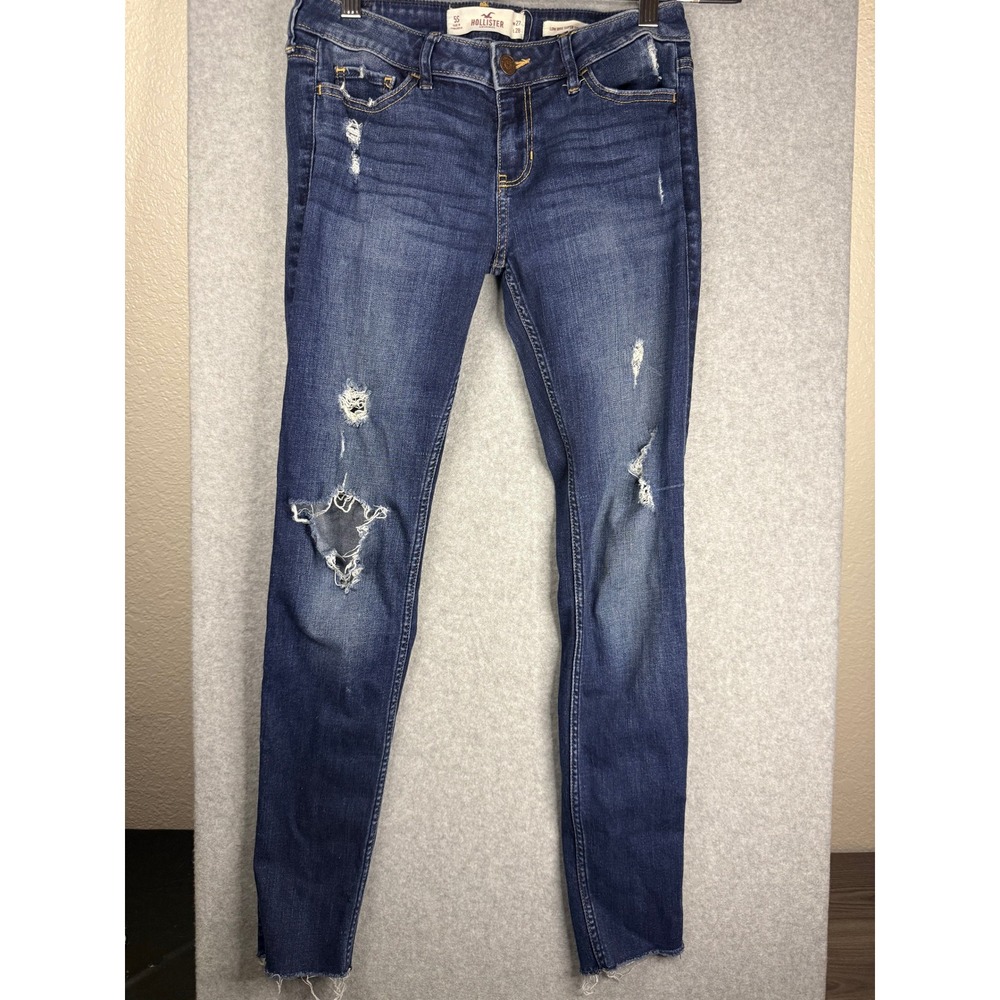 Hollister Low Rise Super Skinny Distressed Jeans Dark Wash Raw Hem 5S W27 L28